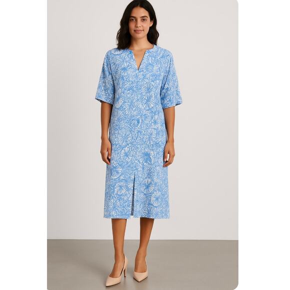 Jude Connally Large Blue White Patterned Short Sleeve Midi Dress Stretchy Comfy - Picture 1 of 9